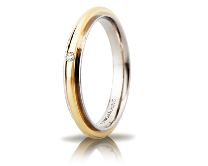 [050AFC281001001075007] Fede nuziale Unoaerre Brillanti Promesse Andromeda Slim 3 mm oro bicolore con diamante