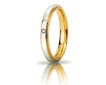 [050AFC282001001075043] Fede nuziale Unoaerre Brillanti Promesse Cassiopea Slim 3 mm oro bianco e giallo con diamante