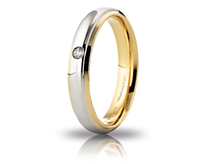 [070AFC282001001075043] Fede nuziale Unoaerre Brillanti Promesse Cassiopea 4 mm oro bianco e giallo con diamante