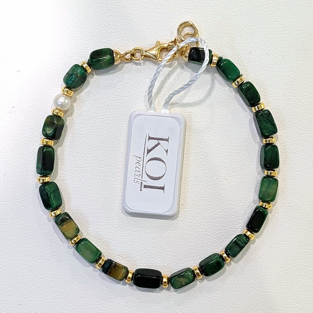 [BRKO01M MALA] Bracciale uomo Koi Pearls in argento 925 dorato con malachite e perla