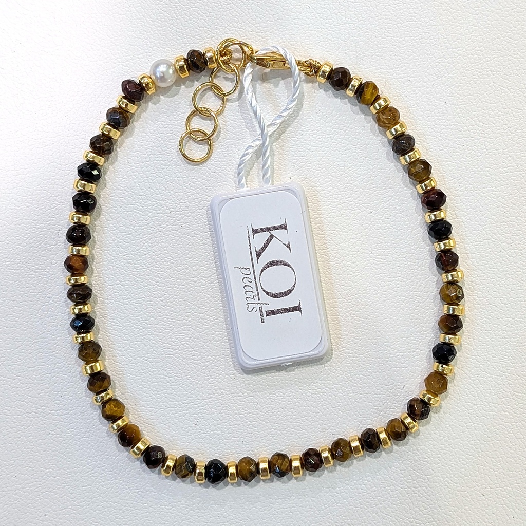 [BRKOI2 OCCHIO TIGRE 1] Bracciale uomo Koi Pearls in argento 925 dorato con occhio di tigre toni caldi e perla 4 mm