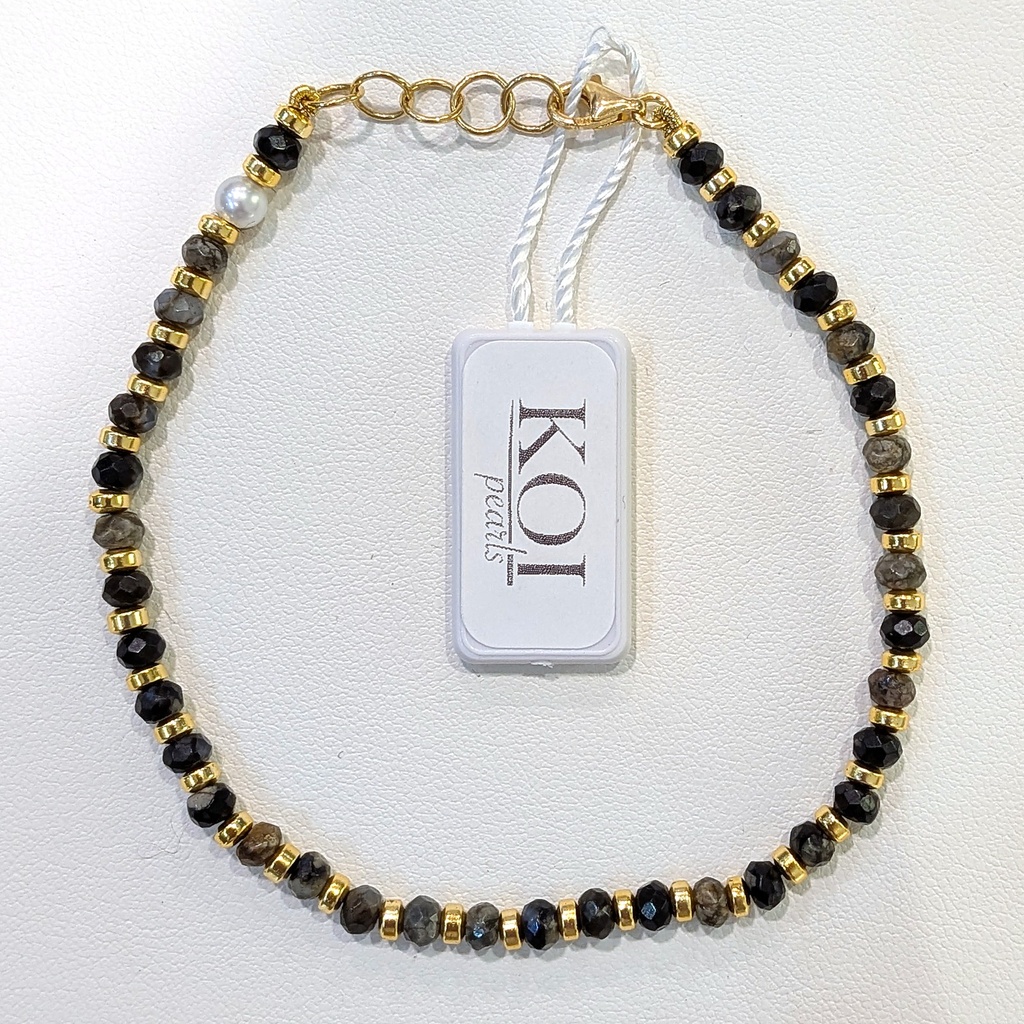 [BRKOI2 OCCHIO TIGRE 2] Bracciale uomo Koi Pearls in argento 925 dorato con occhio di tigre toni scuri e perla 4 mm