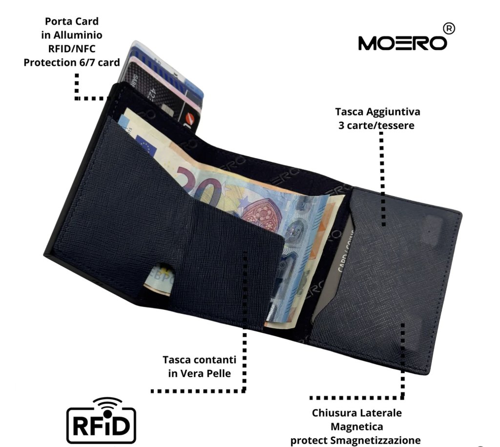 portafoglio moero pro saffiano zip vera pelle blue navy protezione rfid 4