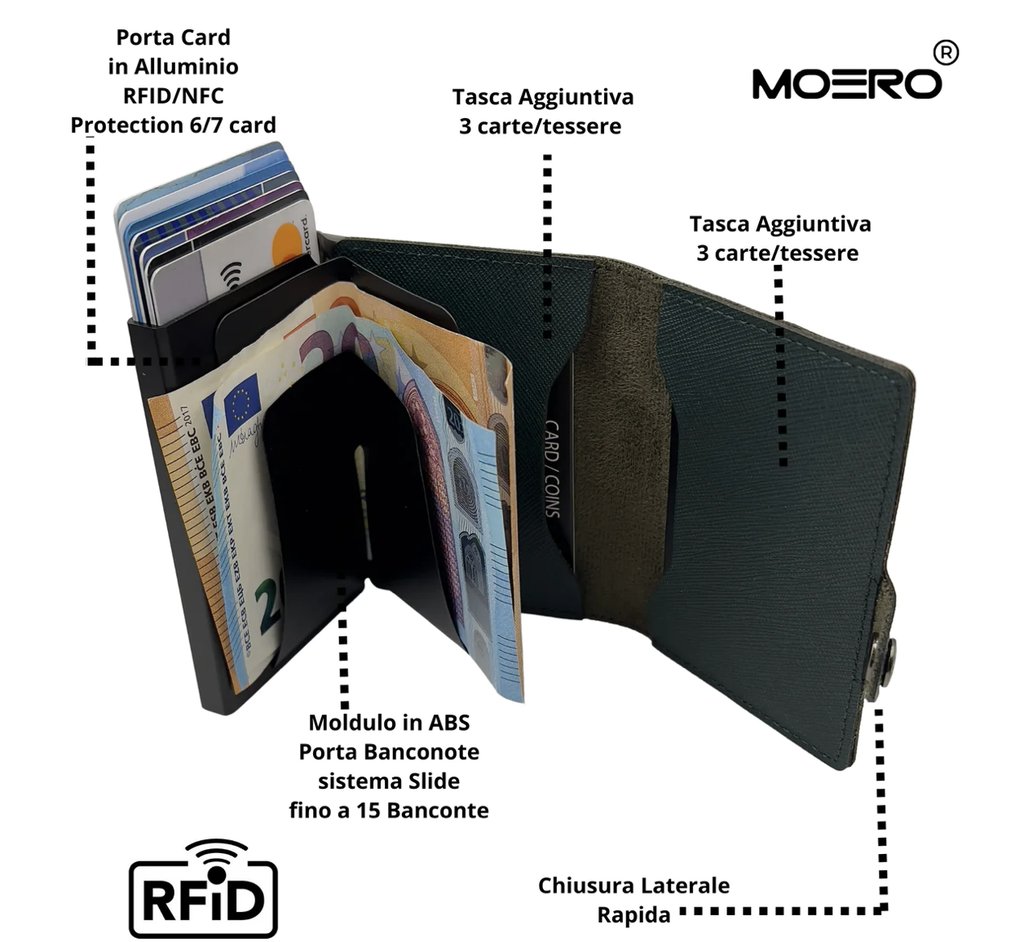 portafoglio moero saffiano green forest zip vera pelle protezione rfid 4